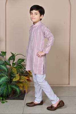 Boys linen full sleeves embroidered stripes kurta pyjama set - lavender 3