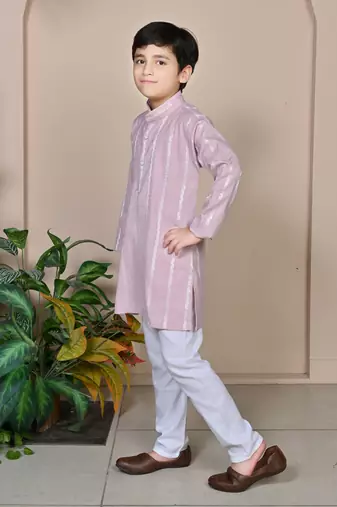 Boys linen full sleeves embroidered stripes kurta pyjama set - lavender