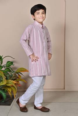 Boys linen full sleeves embroidered stripes kurta pyjama set - lavender 4