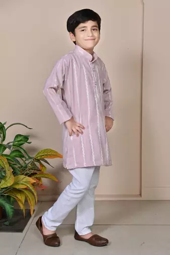 Boys linen full sleeves embroidered stripes kurta pyjama set - lavender