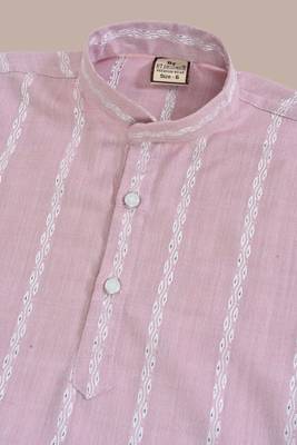 Boys linen full sleeves embroidered stripes kurta pyjama set - lavender 5