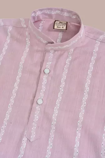 Boys linen full sleeves embroidered stripes kurta pyjama set - lavender