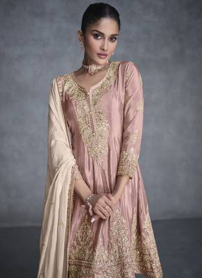 Light peach organza silk embroidered salwar suit 2