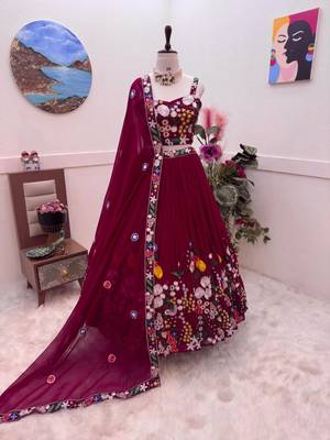 RED COLOUR FAUX GEORGETTE FABRIC HEAVY EMBRODIERY WORK STITCHED LAHENGA CHOLI 1