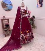 RED COLOUR FAUX GEORGETTE FABRIC HEAVY EMBRODIERY WORK STITCHED LAHENGA CHOLI