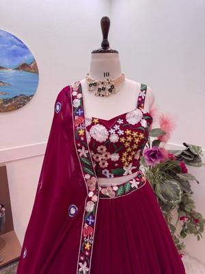 RED COLOUR FAUX GEORGETTE FABRIC HEAVY EMBRODIERY WORK STITCHED LAHENGA CHOLI 2