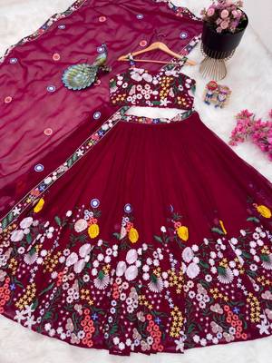 RED COLOUR FAUX GEORGETTE FABRIC HEAVY EMBRODIERY WORK STITCHED LAHENGA CHOLI 3