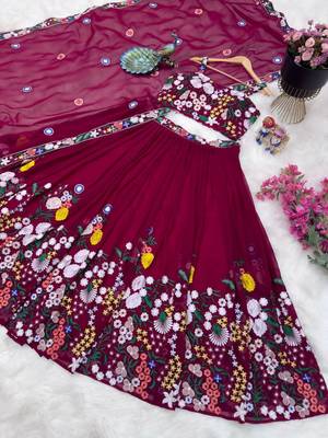 RED COLOUR FAUX GEORGETTE FABRIC HEAVY EMBRODIERY WORK STITCHED LAHENGA CHOLI 4