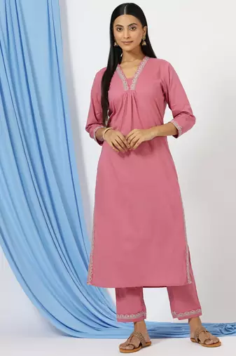 Anushil stylish katha cotton co-ord set for women - shirt style kurti with pants, 2peice kurta with trouser casual wear