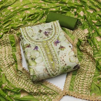 Women's pista green position print embroidery viscose simar dress material 1