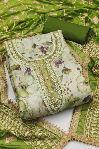 Women's pista green unstitched position print embroidery viscose simar dress material 