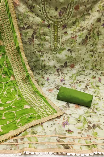 Women's pista green position print embroidery viscose simar dress material