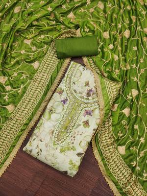 Women's pista green position print embroidery viscose simar dress material 4