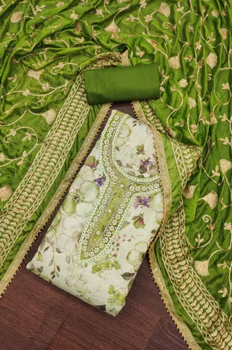Women's pista green position print embroidery viscose simar dress material