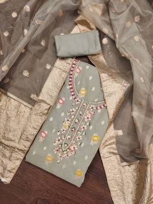 Women's grey heavy daimond work organza jacquard dress material 4