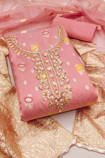 Women's pink unstitched heavy daimond work organza jacquard dress material 
