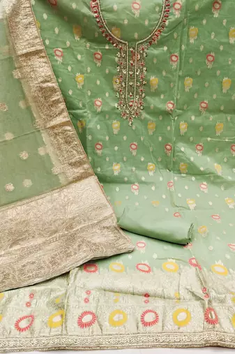 Women's green heavy daimond work organza jacquard dress material