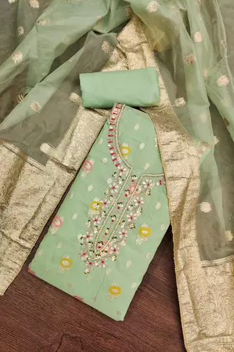 Women's green heavy daimond work organza jacquard dress material