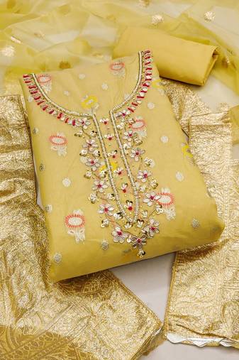 Women's yellow unstitched heavy daimond work organza jacquard dress material 