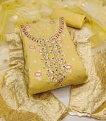 Women's yellow unstitched heavy daimond work organza jacquard dress material 