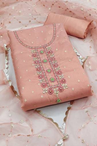 Women's peach unstitched heavy daimond work organza jacquard dress material 