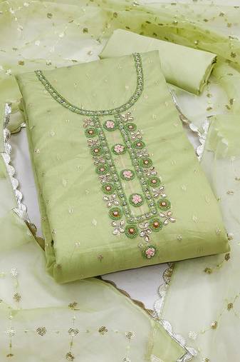 Women's pista green unstitched heavy daimond work organza jacquard dress material 