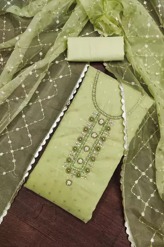 Women's pista green heavy daimond work organza jacquard dress material