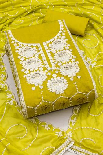 Women's lime green unstitched embrodiery work modal chanderi silk dress material 