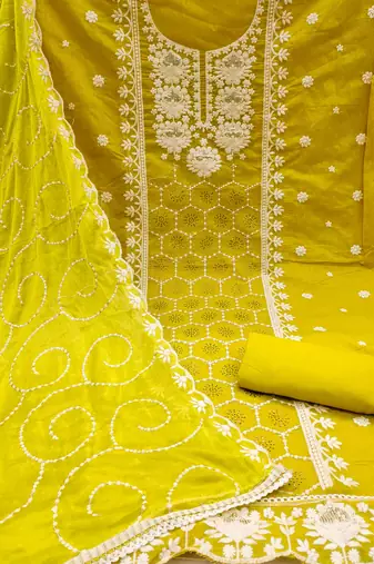 Women's lime green embrodiery work modal chanderi silk dress material