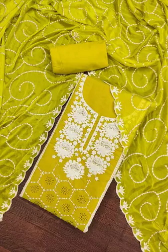 Women's lime green embrodiery work modal chanderi silk dress material