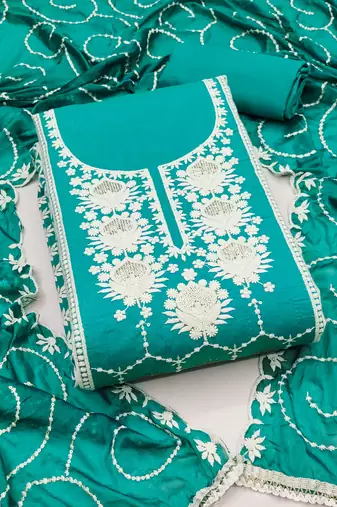 Women's teal unstitched thread embrodiery work modal chanderi silk dress material 