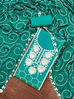 Women's teal thread embrodiery work modal chanderi silk dress material 4