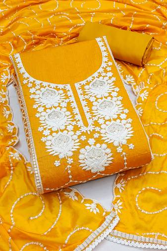 Women's orange unstitched thread embrodiery work modal chanderi silk dress material 