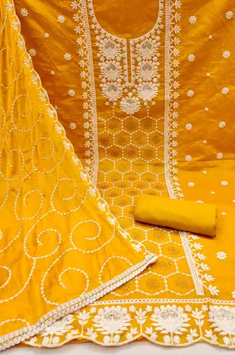 Women's orange thread embrodiery work modal chanderi silk dress material