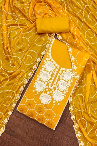 Women's orange thread embrodiery work modal chanderi silk dress material