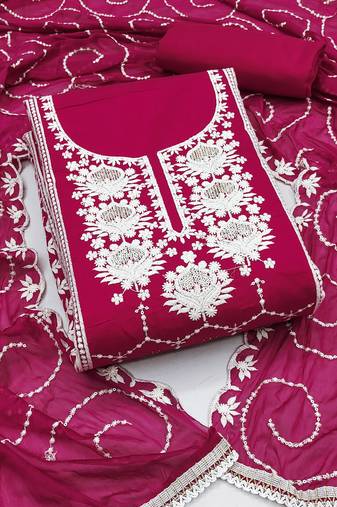 Women's magenta unstitched thread embrodiery work modal chanderi silk dress material 
