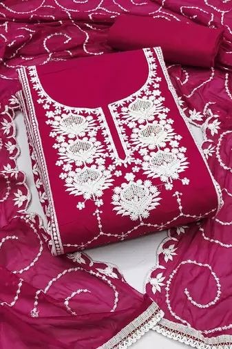 Women's magenta unstitched thread embrodiery work modal chanderi silk dress material 