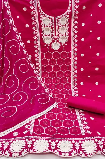 Women's magenta thread embrodiery work modal chanderi silk dress material