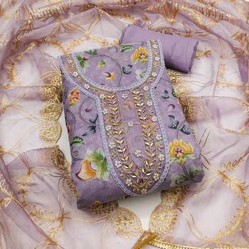 Women's lavender position print embroidery viscos organza dress material 1