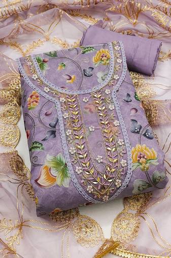 Women's lavender unstitched position print embroidery viscos organza dress material 