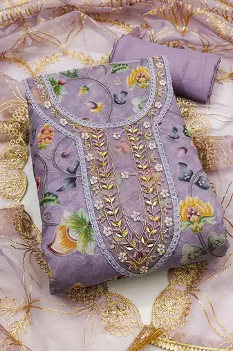Women's lavender unstitched position print embroidery viscos organza dress material 