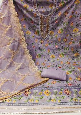 Women's lavender position print embroidery viscos organza dress material 2