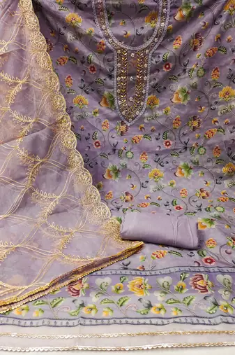 Women's lavender position print embroidery viscos organza dress material