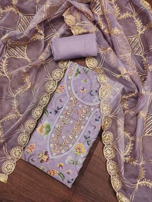 Women's lavender position print embroidery viscos organza dress material 4