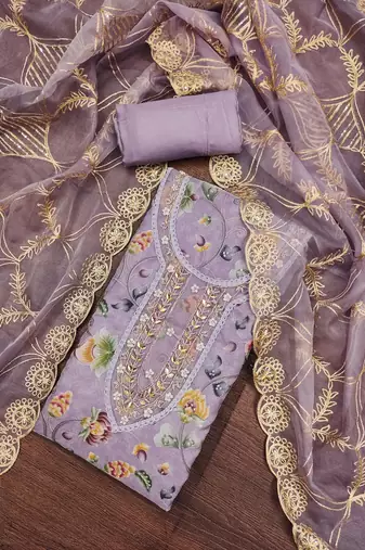 Women's lavender position print embroidery viscos organza dress material