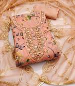 Women's peach unstitched position print embroidery viscos organza dress material 