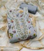 Women's grey position print embroidery viscos organza dress material