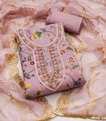 Women's pink unstitched position print embroidery viscos organza dress material 