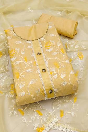 Women's yellow unstitched heavy multi thread modal chanderi silk dress material 