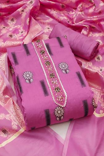 Women's pink unstitched heavy neck tie handwork banarasi chanderi silk dress material 